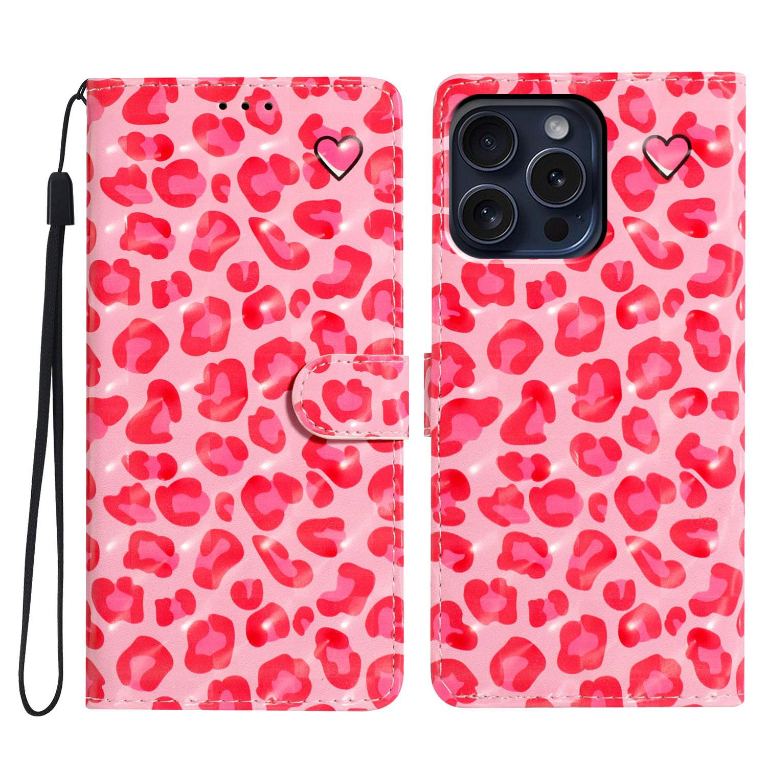 

For iPhone 16 Pro Case 3D Pattern Print Leather Wallet Flip Phone Cover Pink Leopard Print