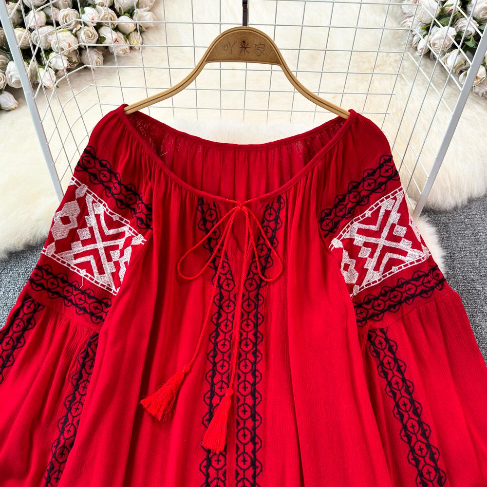 Retro Embroidered Shirt Top Female 2025 Spring Lace Up Tassel Loose Lantern Sleeves Ethnic Style Blouse Female