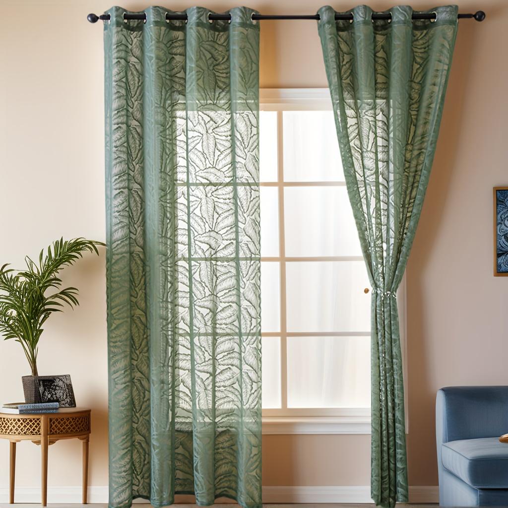 1 Panel French Country Green Leaf Print Semi-Sheer Gauze Curtain with Grommet Top Curtains For Living Room, Curtains For Bedroom, Sheer Curtains