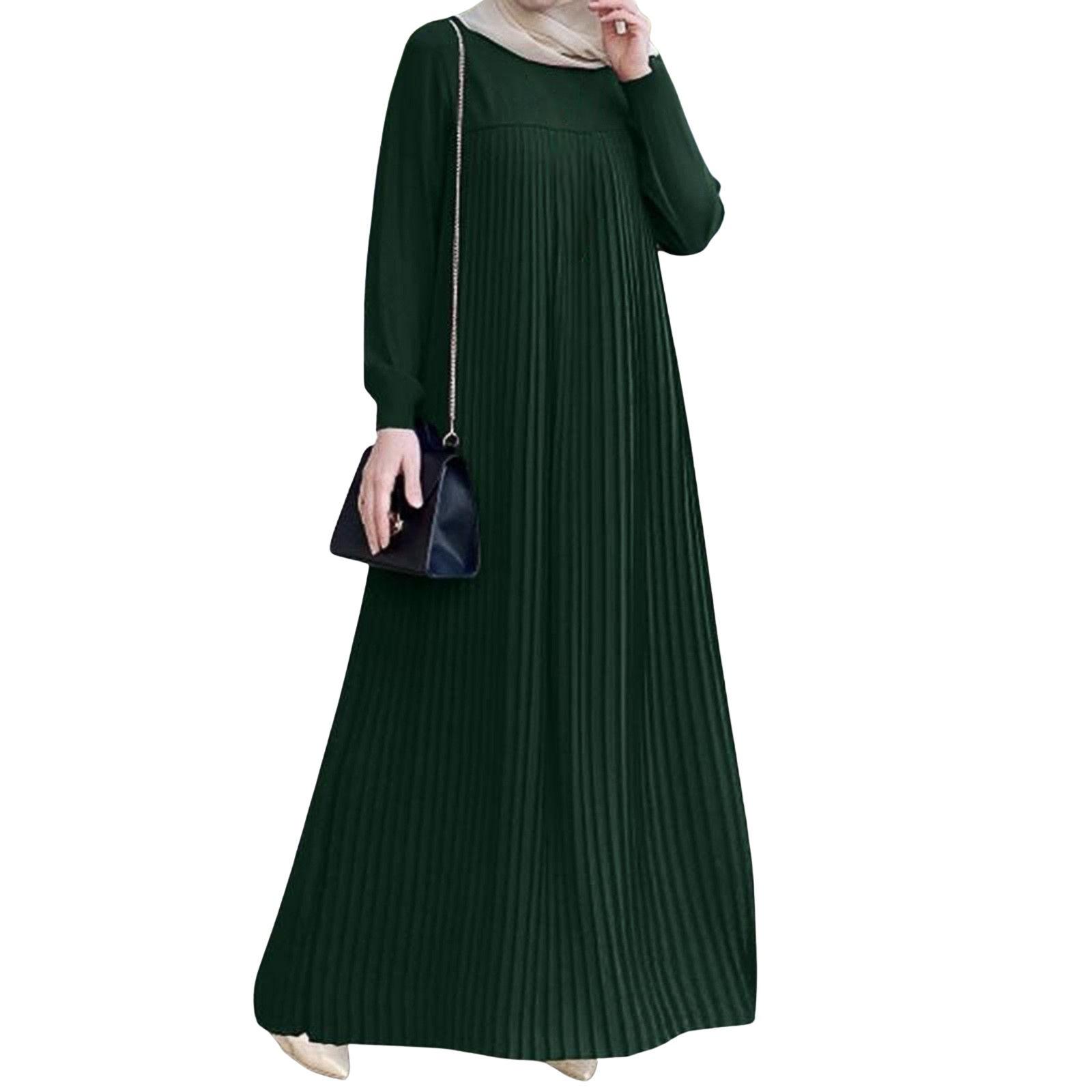 

Женское мусульманское элегантное плиссированное платье Wind Temperament, однотонное платье с круглым вырезом и длинными рукавами, плиссированное платье XXXL