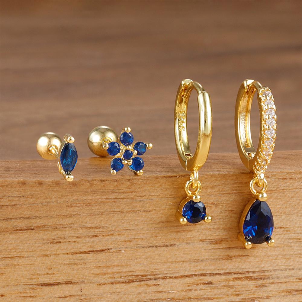 4PCS New Design Stainless Steel Water Drop Cubic Zirconia Dangle Earrings Set Flowers Horse Eyes Stud Piercing Earring Jewelry