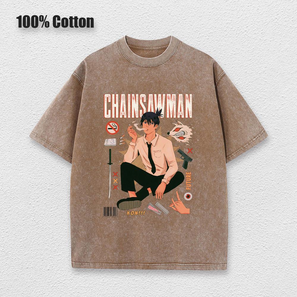 Anime Chainsaw Man Acidové tričko Retro Vintage Prané Tištěné Grafické Tričko Pánské Bavlněné Ležérní Tričko s Krátkým Rukávem Topy