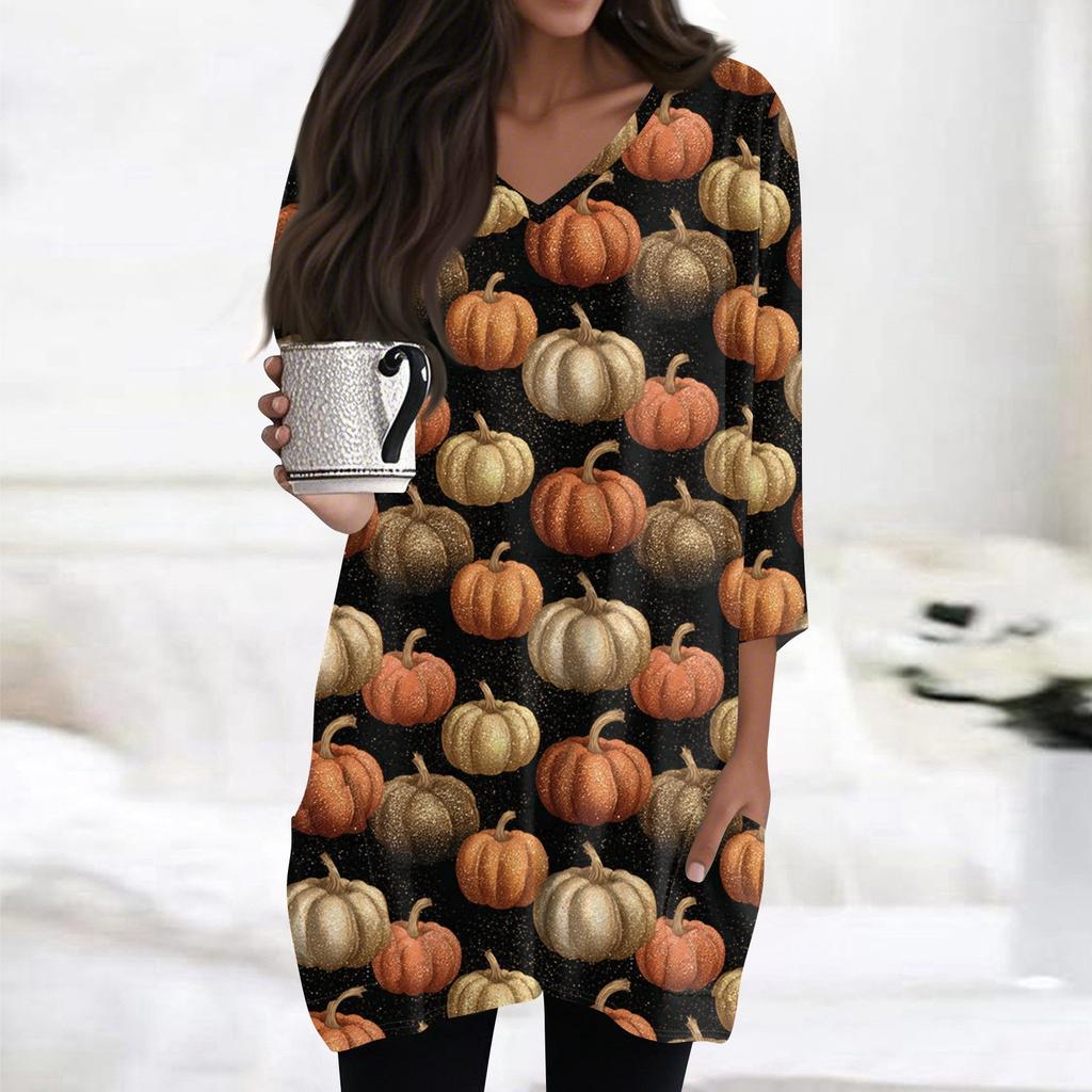 Womens's Fashion Casual Halloween Print V-neck Mid Length Pocket 3/4 Sleeve Top