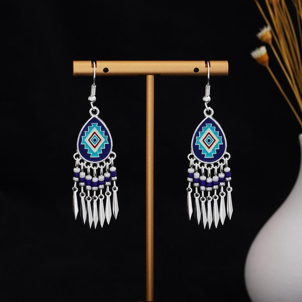 Vintage Ethnic Miao Silver Teardrop Tassel Earrings