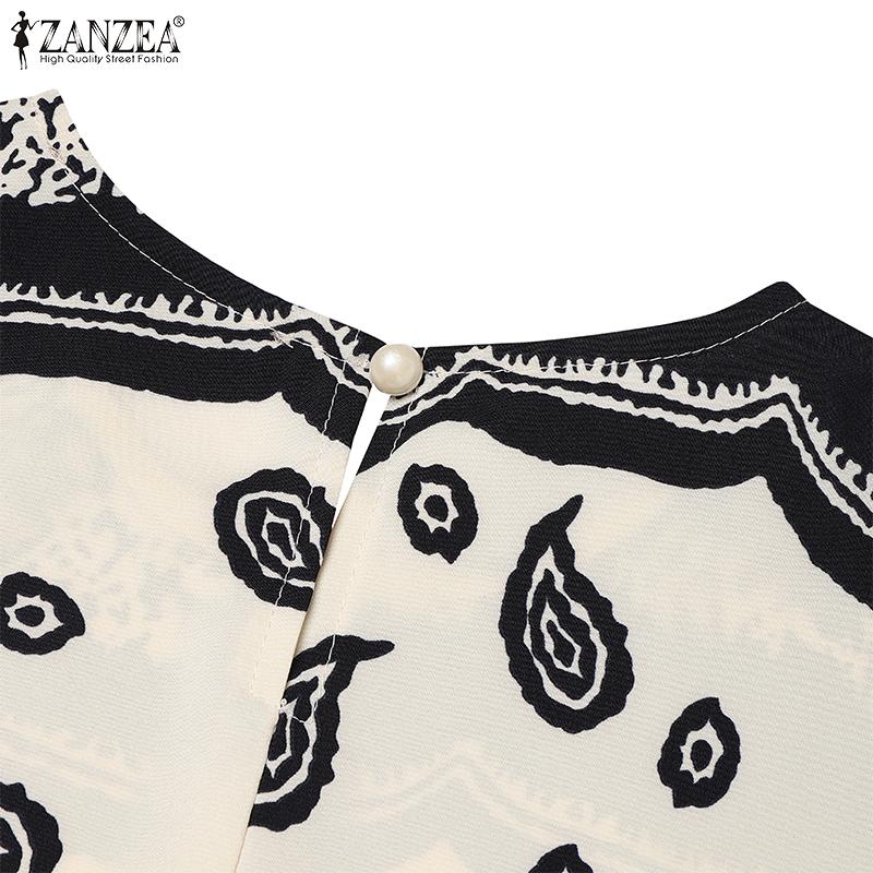 ZANZEA Women Casual Round Neck Long Sleeve Loose Retro Print Dress