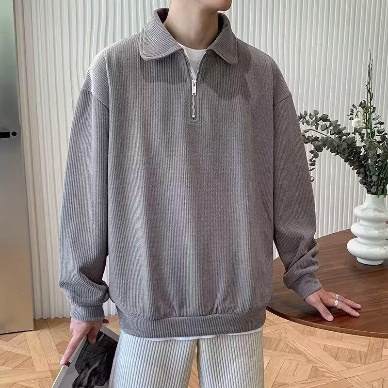 

Men s Retro Half-Zip Loose Casual Hoodie - Spring & Autumn Solid Color Design XL серый