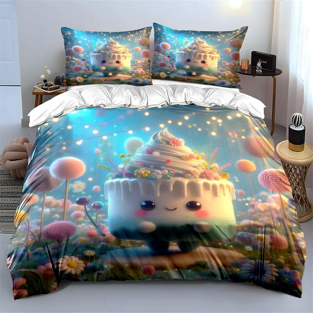 Cute Cake-Inspired Decor Set Bedding Set with 1 Duvet Cover 2 Pillowcases Single Double King Queen, Gift