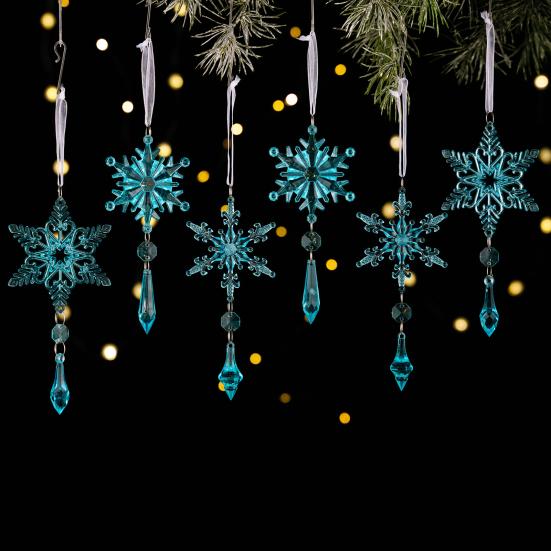 6 Pcs Acrylic Crystal Christmas Ornament Sparkling Clear Snowflake Hanging Ornaments with Drop Pendants for Winter Chandelier Xmas
