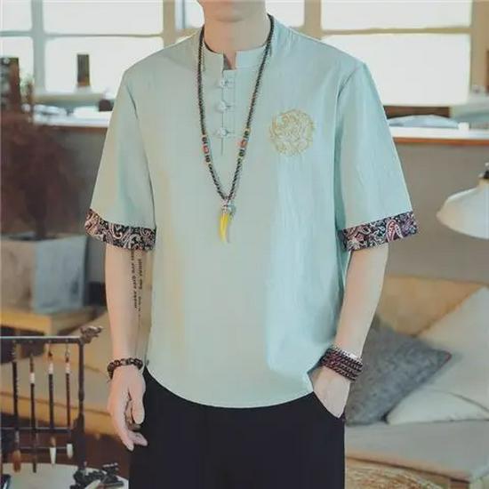 Men’s Chinese Crane Embroidery Cotton-Linen Short-Sleeve T-Shirt