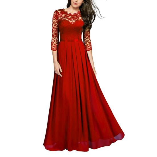 Bridesmaid Dress for Women Lace Patchwork Formal Gowns Crew Neck