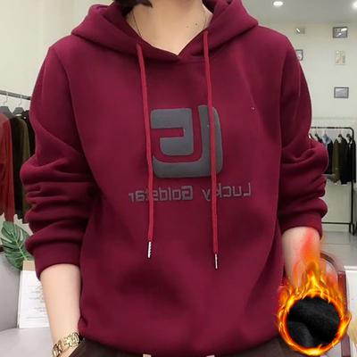 Plus Velvet Sweater Women's Autumn and Winter Fashion Plus Size Hooded Printed Long-sleeved Thickened Women's Blouse