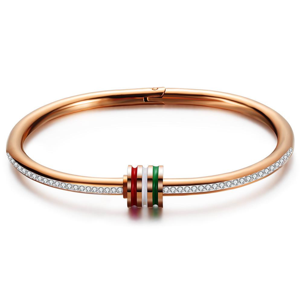 Simple Personality Titanium Steel Ladies' Bracelet Three-Color Striped Epoxy Inlaid Zircon Bracelet for Women