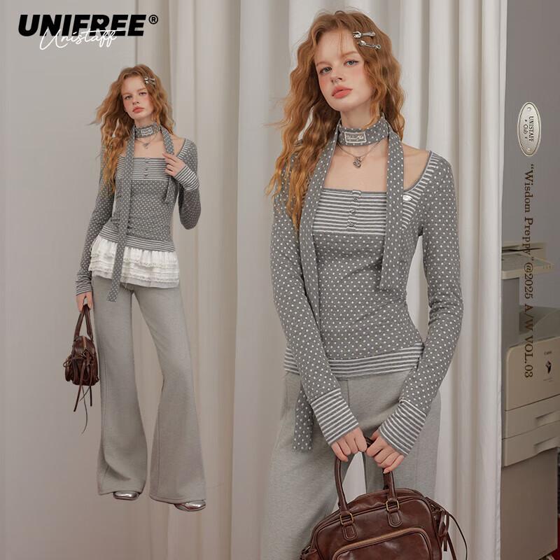 UNIFREE Women's Plus Size Y2K Polka Dot Stripe Long Sleeve T-shirt