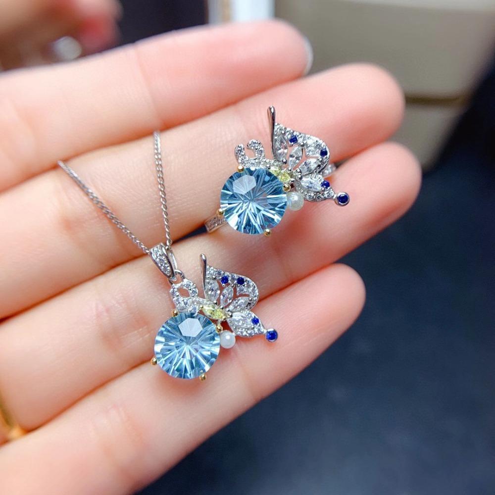 Women Jewelry Set Blue Topaz Butterfly Ring Pendant Necklace Set Fairy Design Firework Cut Live Stream Popular
