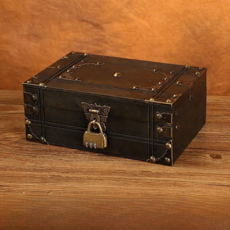 Vintage Chinese Style Wooden Square Storage Box With Lock For Desk Organizer