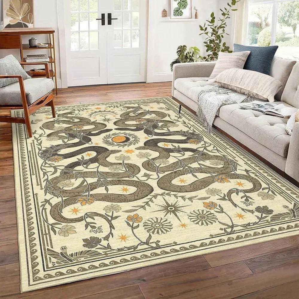 Serpentine Pattern Carpet Oriental Floral Rug Classic Border Mat Beige Brown Vintage Living Room Mat Home Decoration Floor Rug