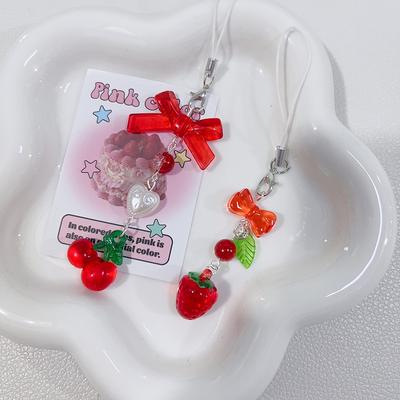 Süße rote Kirsche Erdbeere Schleife Handygurt Charme Schlüsselanhänger für Mädchen Frau Tasche Kamera Anhänger süßer Handyschmuck