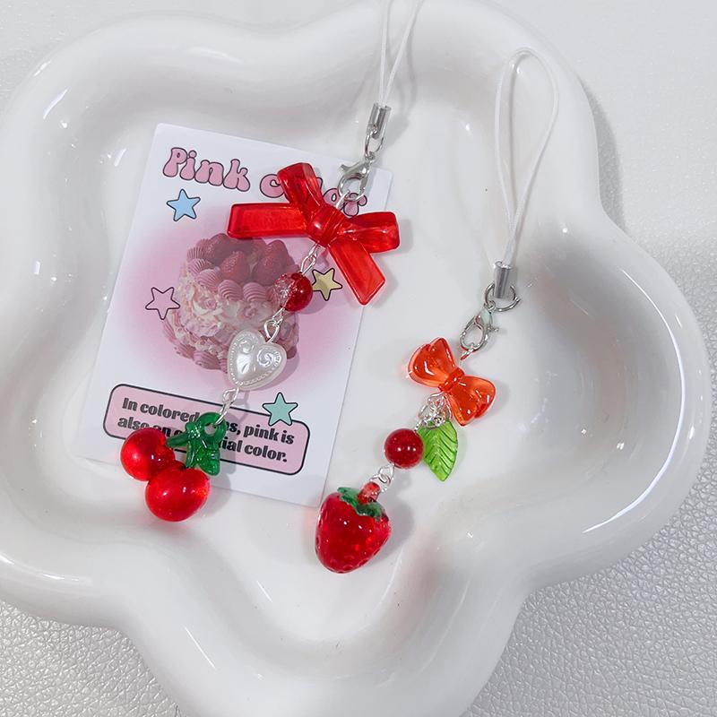 Drăguț roșu cireș căpșuni fundă curea telefon mobil breloc breloc pentru fete femeie geanta aparat de fotografiat pandantiv dulci bijuterii telefon mobil