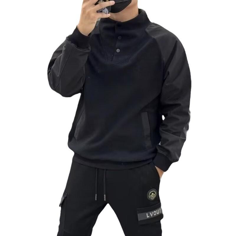 2026 Spring and Autumn New Stand-up Collar Sweater Men's Splicing Handsome Jacket High-end Design Casual Pullover Loose Top