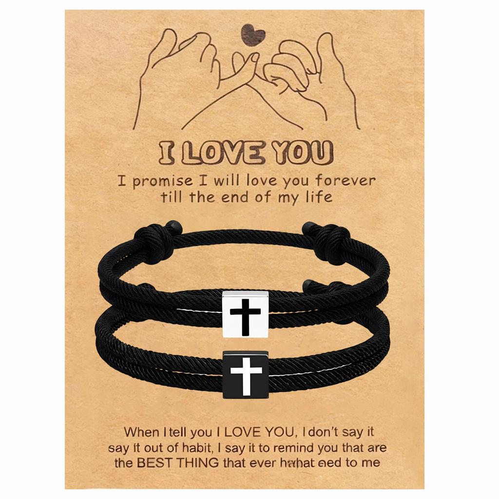 Hand-woven Black and White Cross Milanese Adjustable Bracelets – A Pair of Matching Couple’s Bracelets