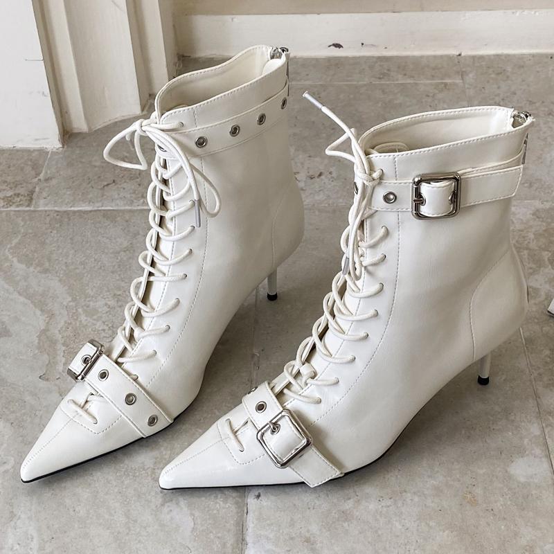 Eilyken New Sexy Thin Heels Cross Lace-up Women Ankle Boot Fashion Pointed Toe Zipper Party Dress Ladies Shoes