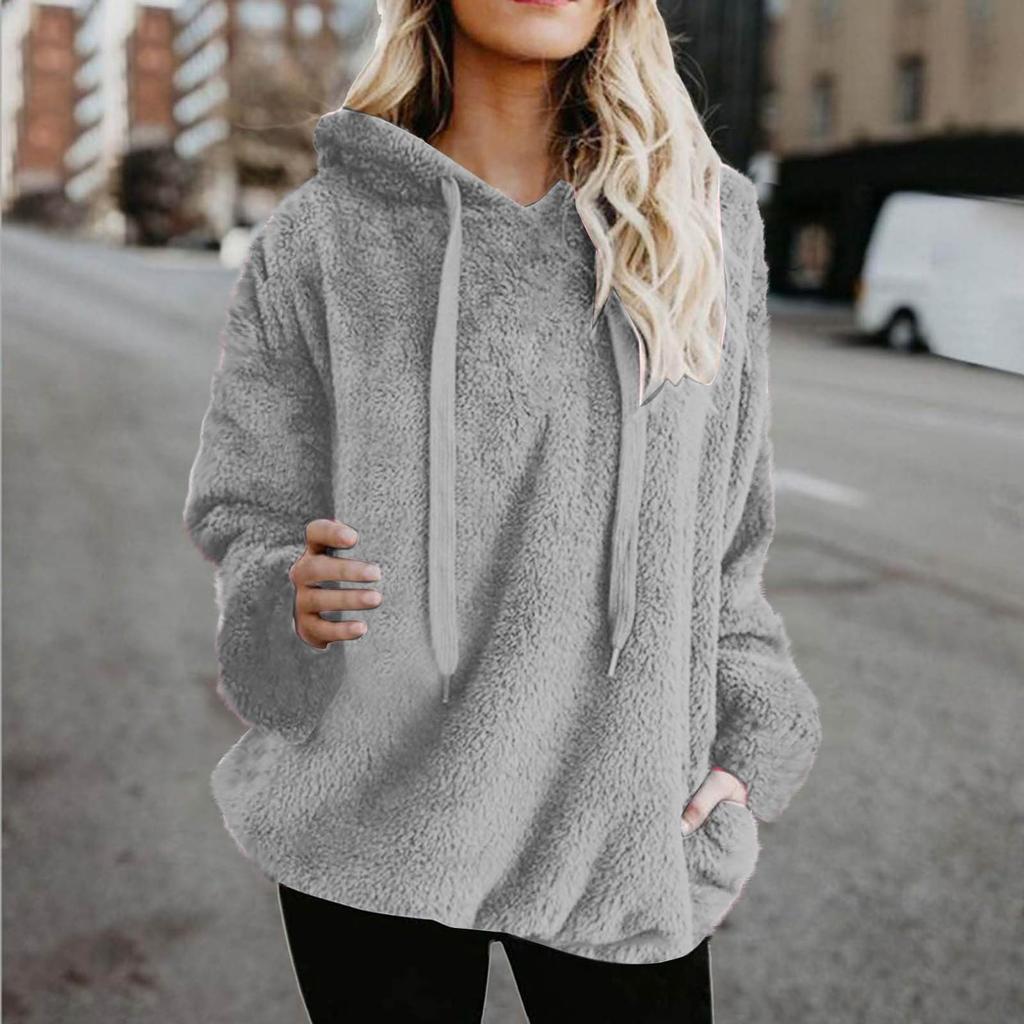 Women's Fashionable Warm Fleece Solid Color Hoodie Zipper Pocket Casual Sweatshirts