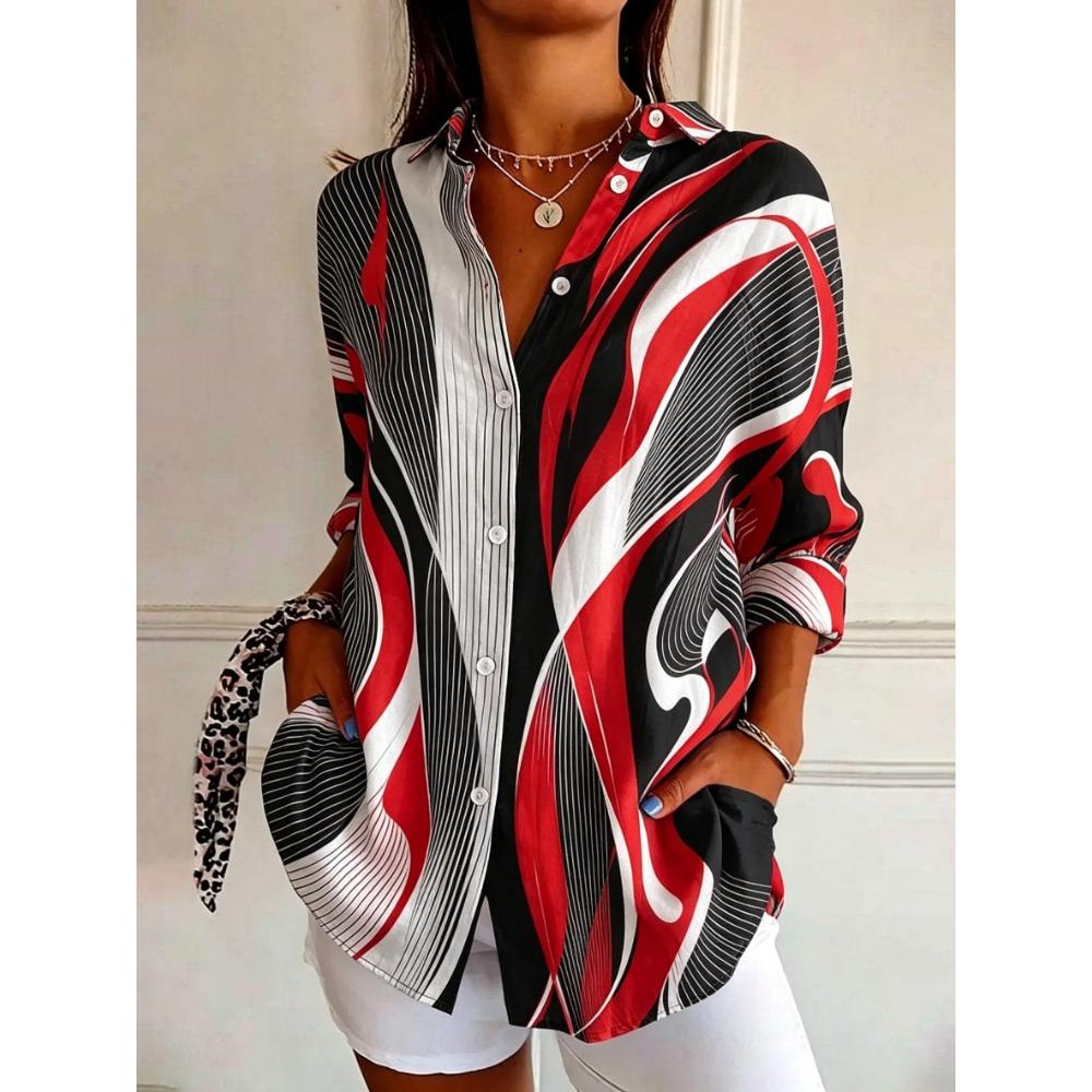 Women's Long Sleeve Abstract Swirl Print Button Down Casual Shirt Elegant Daily Blouse Tops in Red Black for Spring Summer