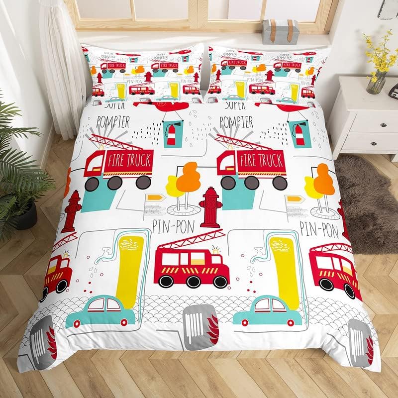 Fire Truck Duvet Cover Twin Queen Size,Kids Cute Car Road Traffic Print Comforter Cover Cartoon City Map Firefighter Bedding Set