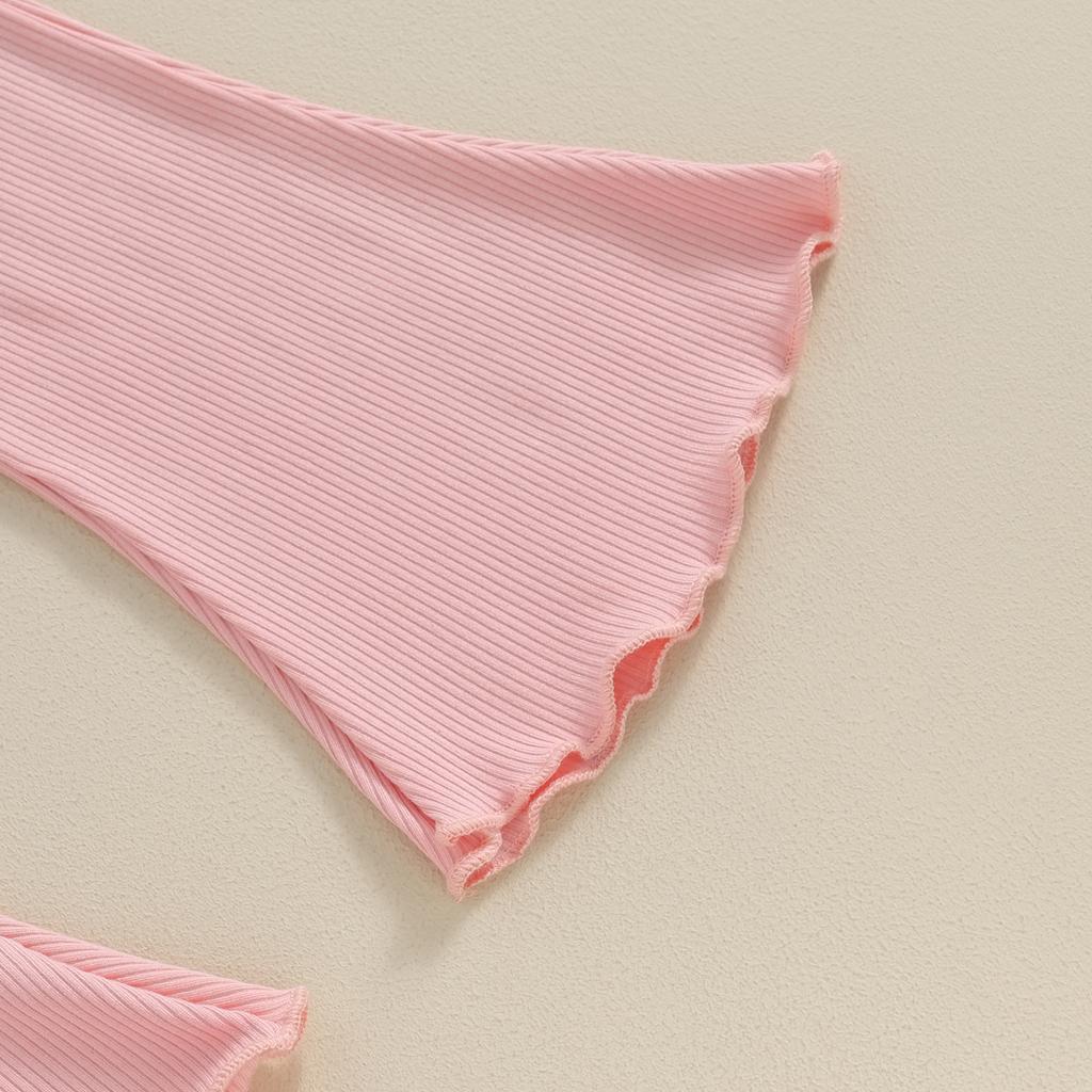 Kleinkind Mädchen Frühling Outfits Fly Ärmel Einfarbig Rippe T-Shirts Tops Elastische Taille Flare Hosen 2Pcs Kleidung Set