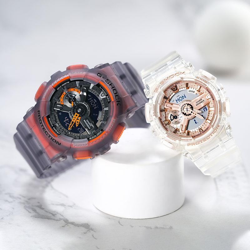 Casio Waterproof Movement Transparent Quartz Movement Resin Strap Japanese and Korean Watch Unisex Black Dial GA-110LS-1APRGMA-S110SR-7APR