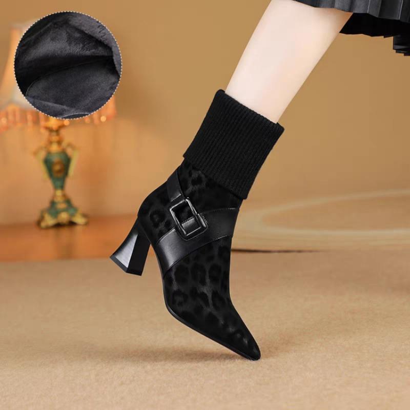 Elastische Stiefel aus weichem Leder, Hochhackige Stiefeletten, Neue spitze bequeme Damenschuhe