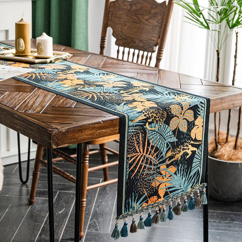 

Manyue French Style Vintage Table Runner American Tropical Animals and Plants Scandinavian Dining Table Fabric Tea Table Bed Runner TV Cabinet YM-leopard flat head + new blue tassel 35*140cm