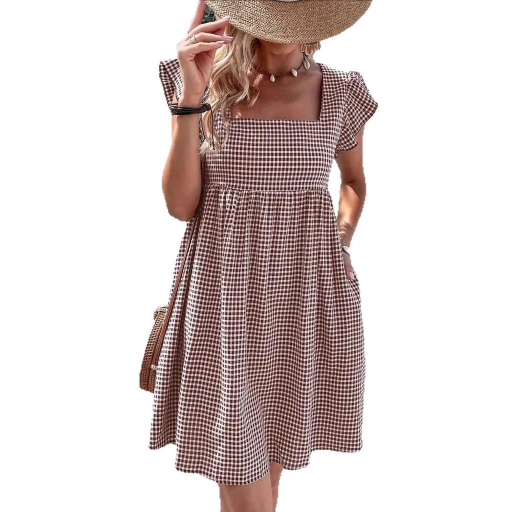 European & American Women's Ruffle Sleeve Square Neck Plaid High-Waisted Dress
