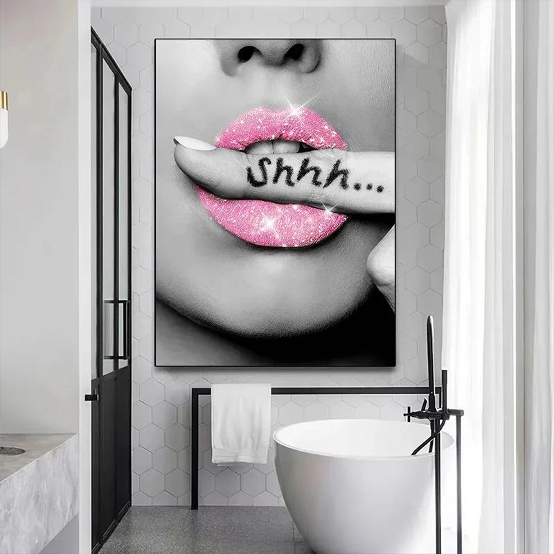 Black and Pink Toilet Posters Fashion Pink Woman Canvas Paintings And Prints HD Pictures For Washroom Bathroom Decor Frameless