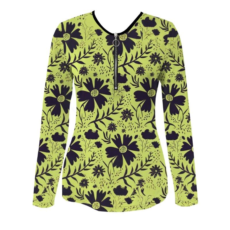 Women's Patchwork Zipper Top - Long-sleeved V-neck, Floral Print Decoration, Slim Design, Fashionable and Personalized