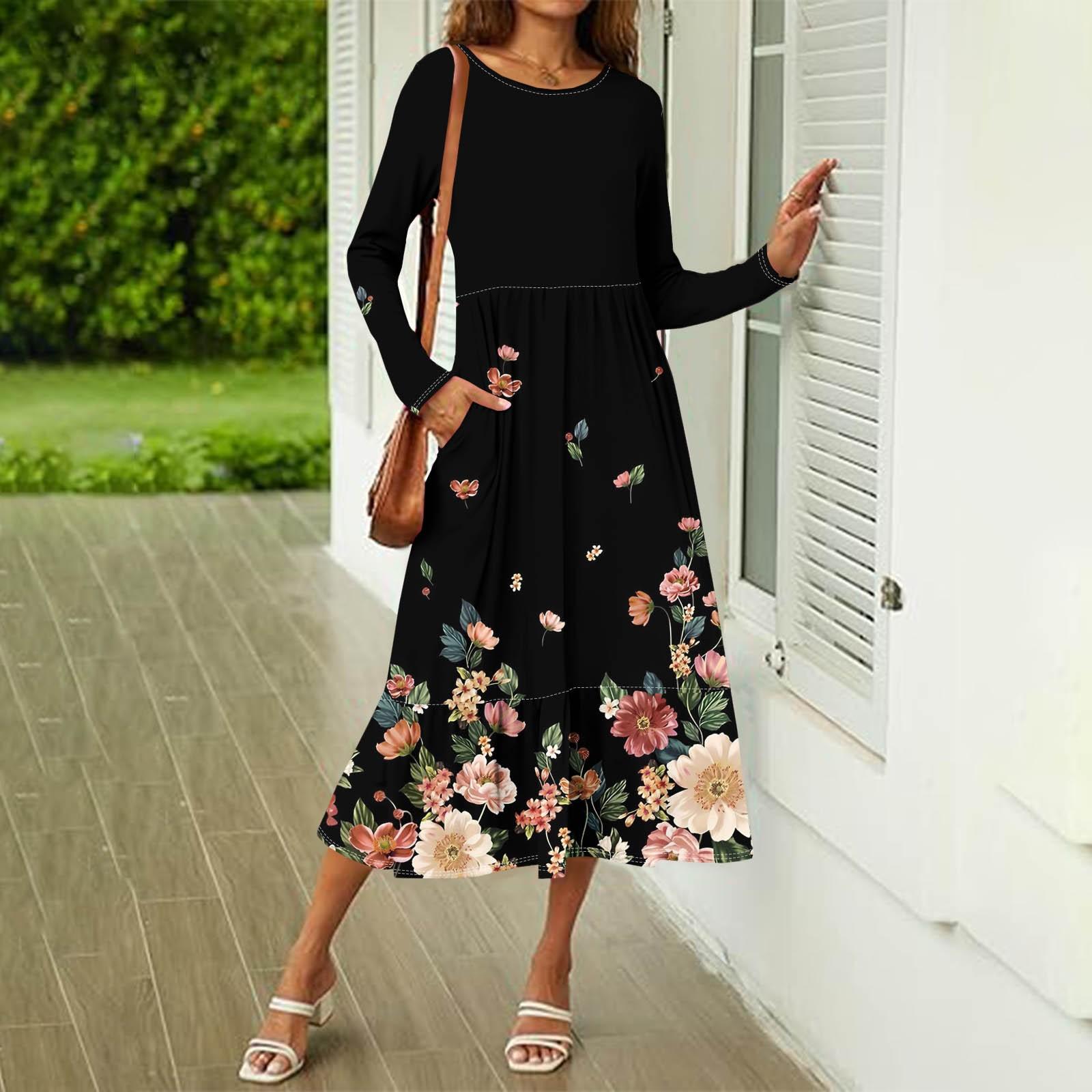 

Женское повседневное платье с принтом, весна-осень, карман, круглый вырез, длинные рукава, платья XXXL чёрный