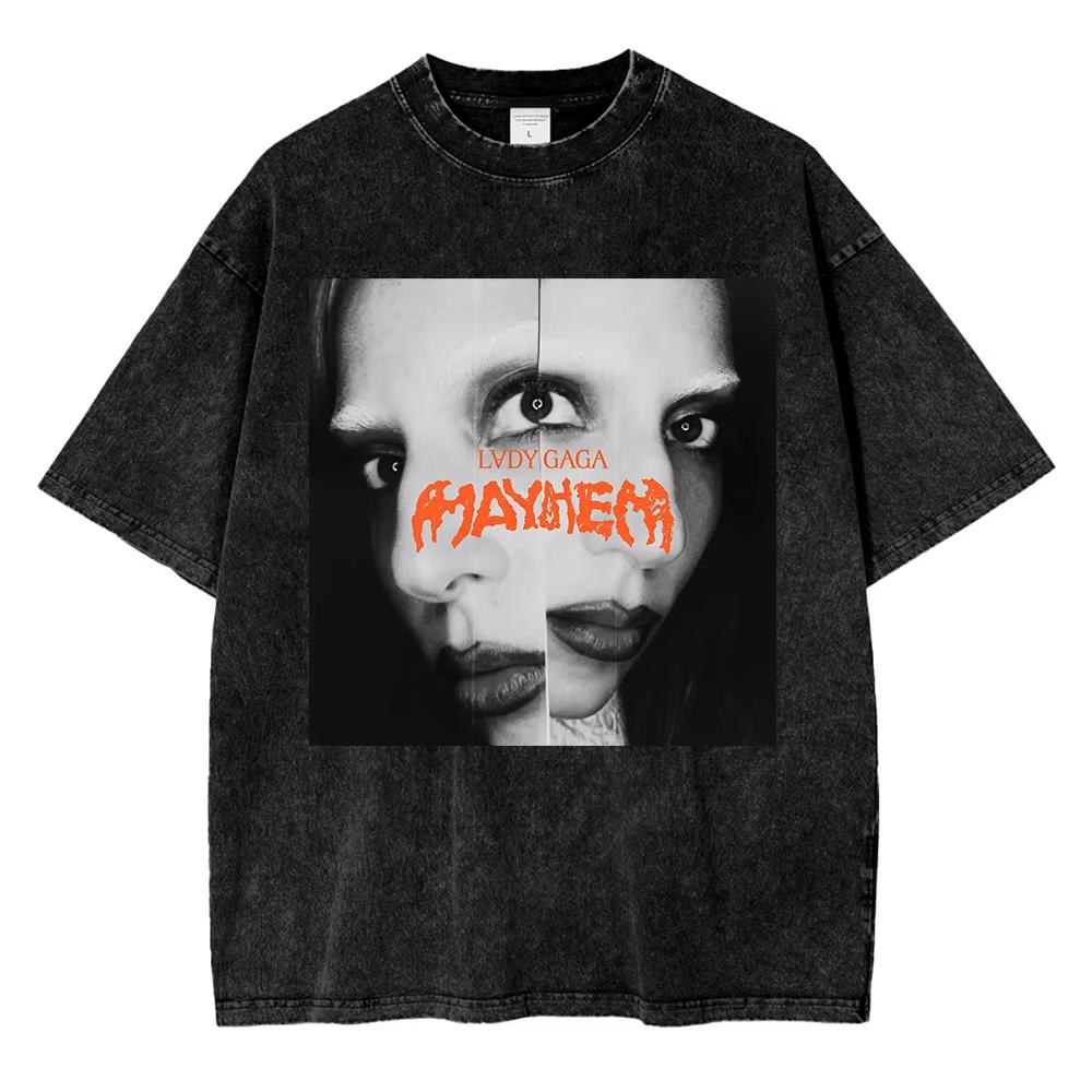 Vintage Washed Lady Gaga The Mayhem Ball Tour T Shirt Fashion Men Women Aesthetic High Quality Acid Wash Cotton