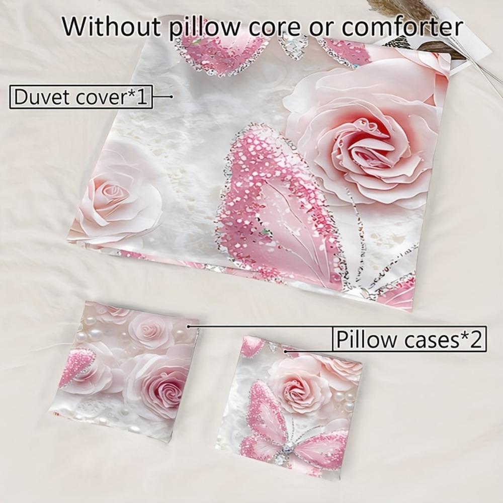 3pcs Pink Beding Set Buterfly Flowers Printed Cozy Soft Duvet Cover King Quen Twin Sized Dimensions Birthday Gift for Adult People Bedrom Decoration