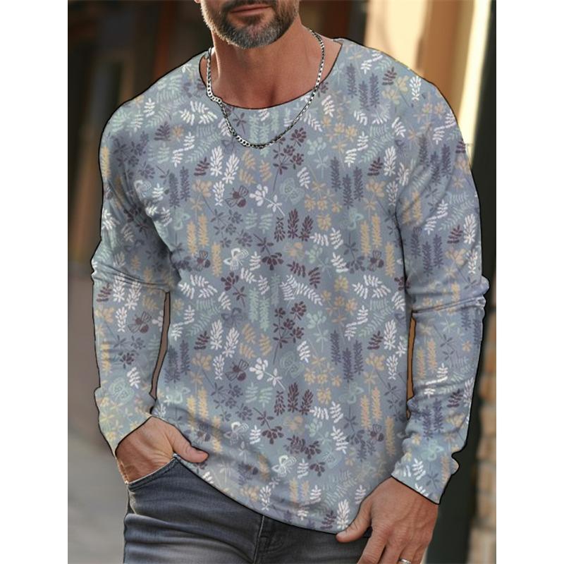 Frühlings- und Herbst Herren Freizeit Langarm T-Shirt 3D Gedruckter Blätterdruck Mode Street Herren Rundhals Pullover T-Shirt Kleidung