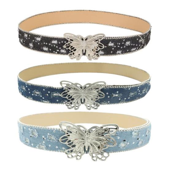 Women Wide Belt Solid Color Design Butterfly Buckle Versatile Belt