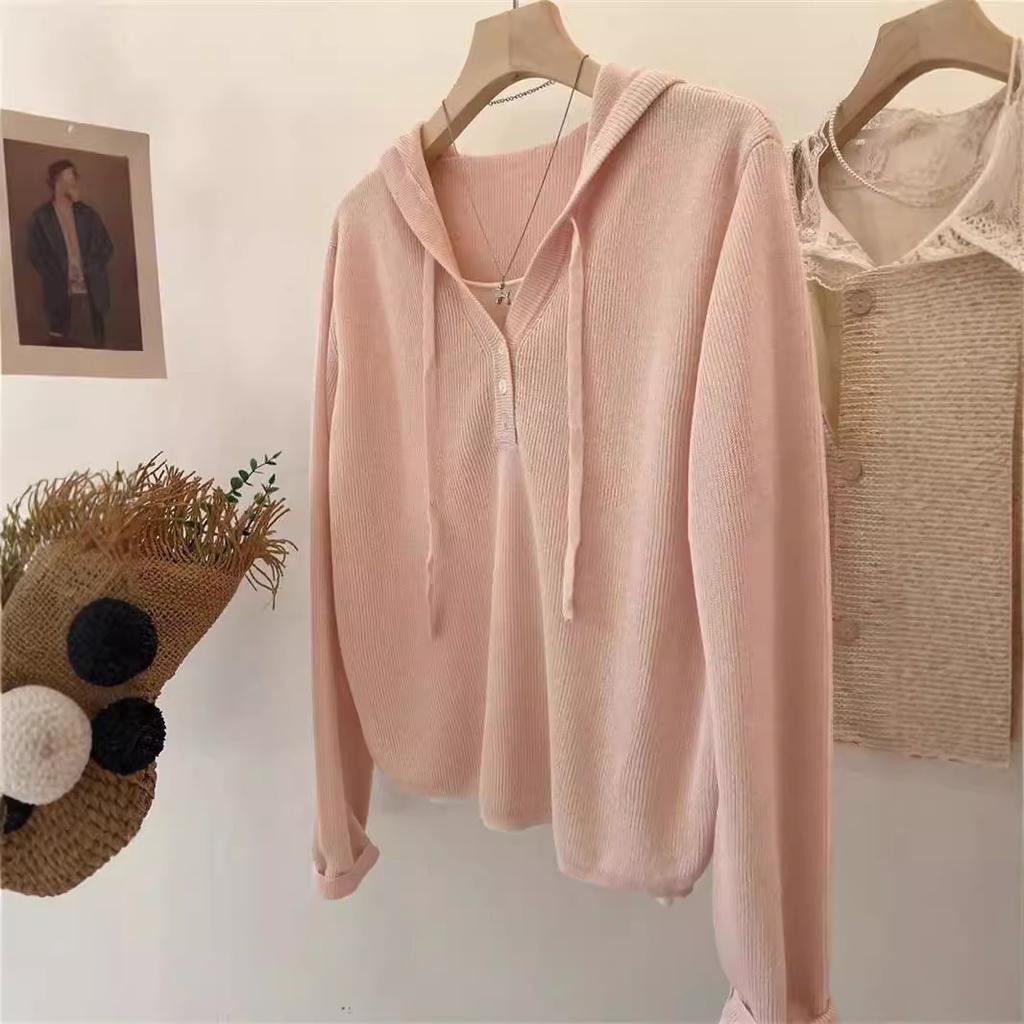 Classic group! Trendy fake two-piece half-open button hooded Tencel hemp knitted sweater hoodie women's short top tide