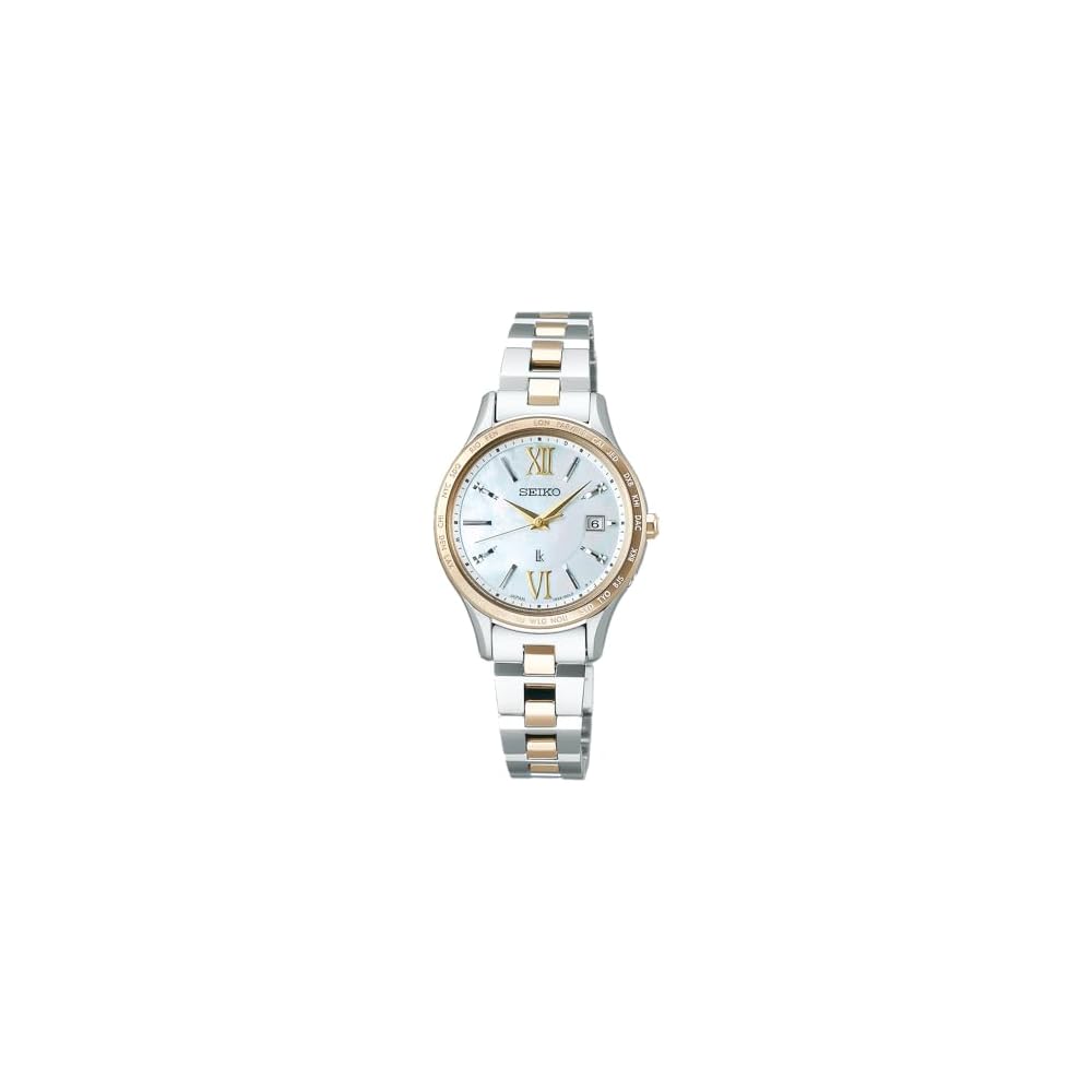 Seiko Lukia SSVV084 Women's Solar Radio-Controlled Watch Silver & Rose Gold Mother of Pearl Dial Round Essential Collection Stainless Steel