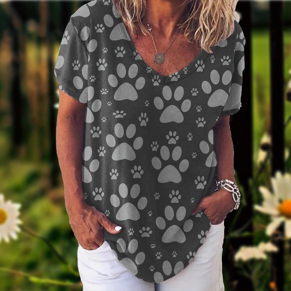 New Rainbow Watercolor Dog Paw 3D Printing T-shirt Women's V-neck Casual Short-sleeved Y2k Top Harajuku Tees Clothing