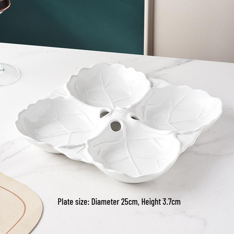 Embossed Leaf Design White Ceramic Divided Plate - Four Sections for Snacks or Cold Dishes