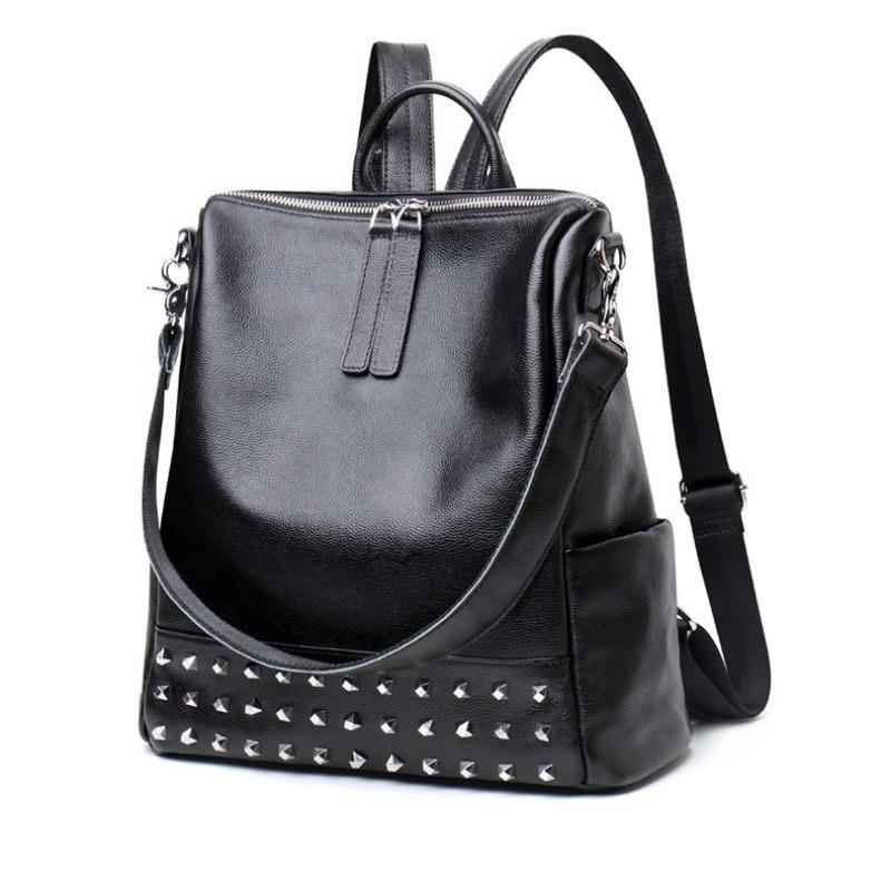 

Женская сумка из натуральной кожи, фирменная сумка из коровьей кожи с заклепками, модный рюкзак для всего, большой емкости чёрный