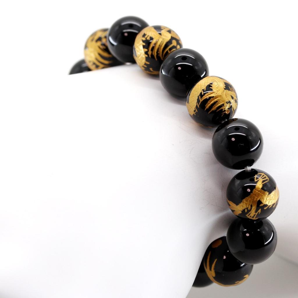 Onyx 12mm Zlatý Vyřezávaný Císařský Drak Onyx 12mm Náramek z Energetických Kamenů [Sekihui] [b434]