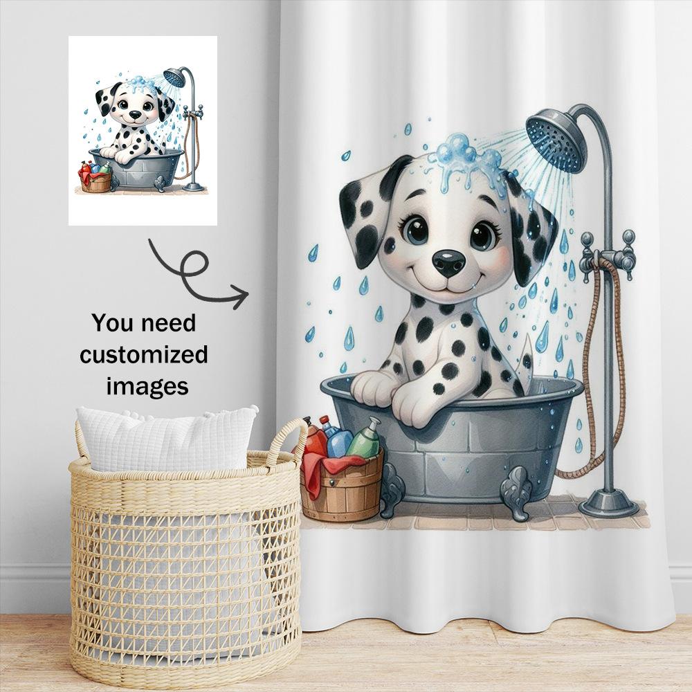 Spotted Puppy Taking A Bath Shower Curtain Washable Dirt-Resistant Shower Head Waterproof Polyester Bath Curtain For Home Decor