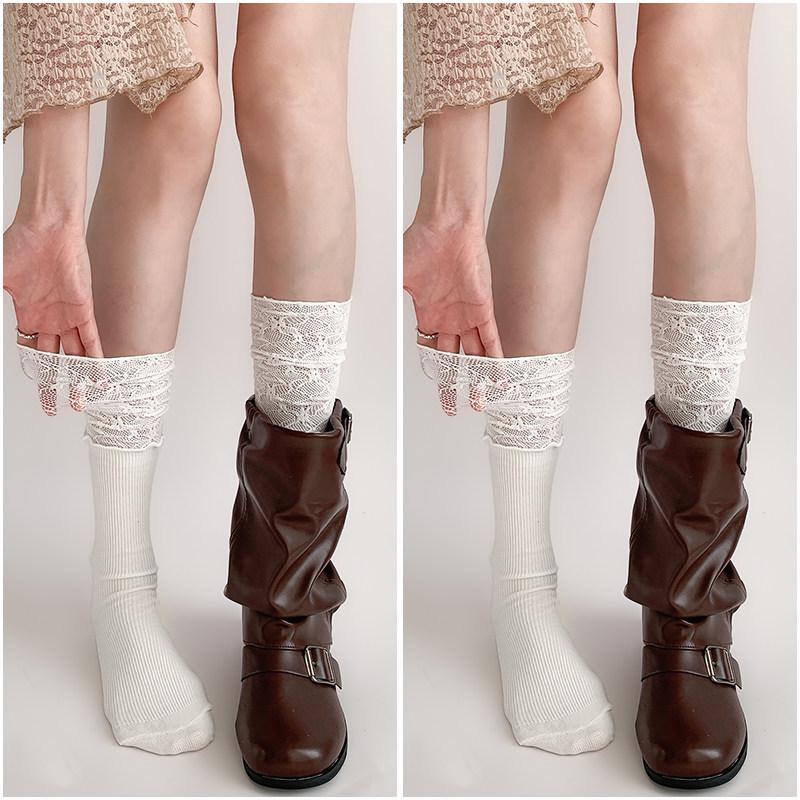 Women's White Calf Socks, Summer Thin Lace, Long Ballet Style Over-the-Knee Black Socks, Perfect for Boots