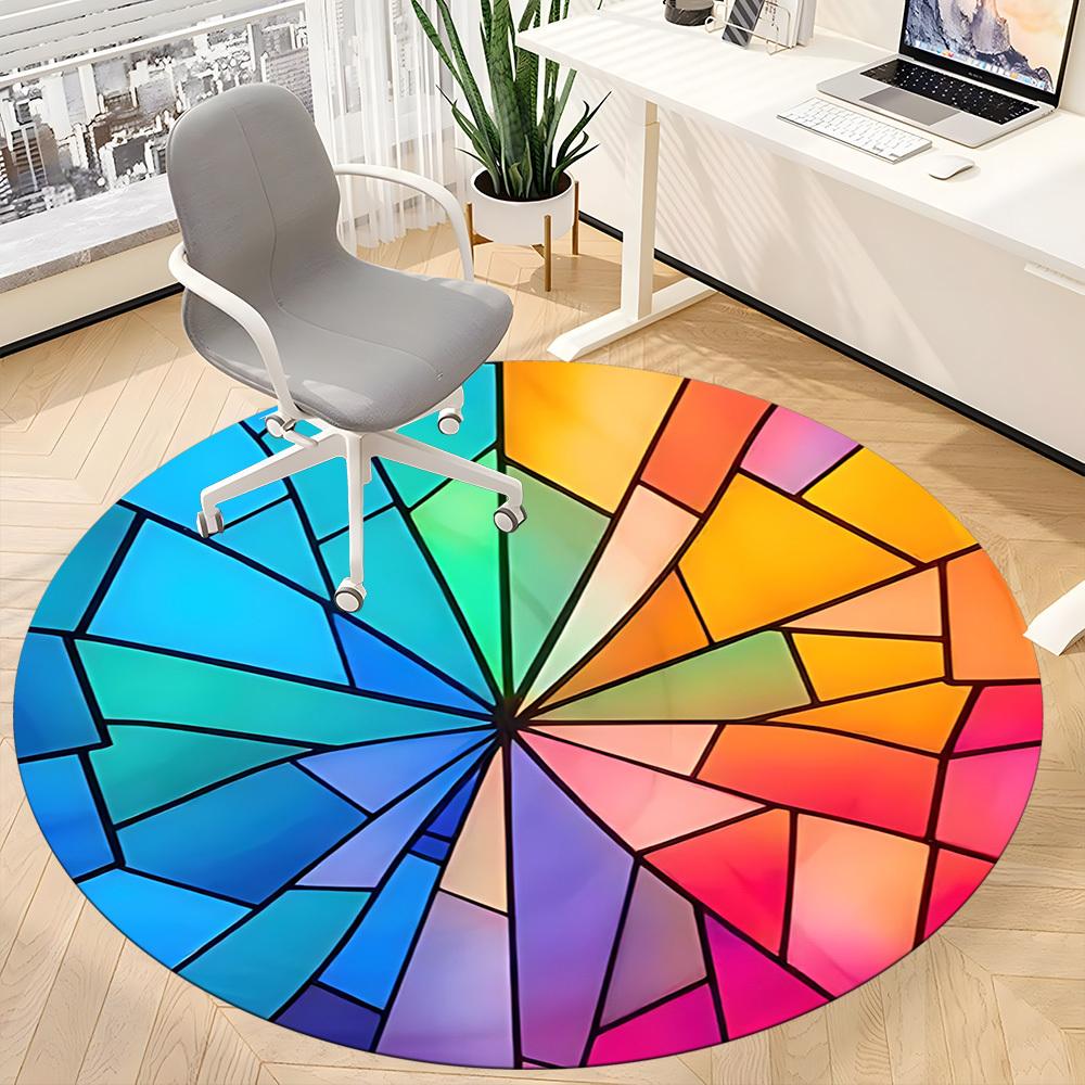 1pc Stained Glass Spectrum Office Round Area Rug, Indoor Mat Suitable ForOffice, Under Office Chairs Bedroom Living Room Home Decor, Room Deco T085