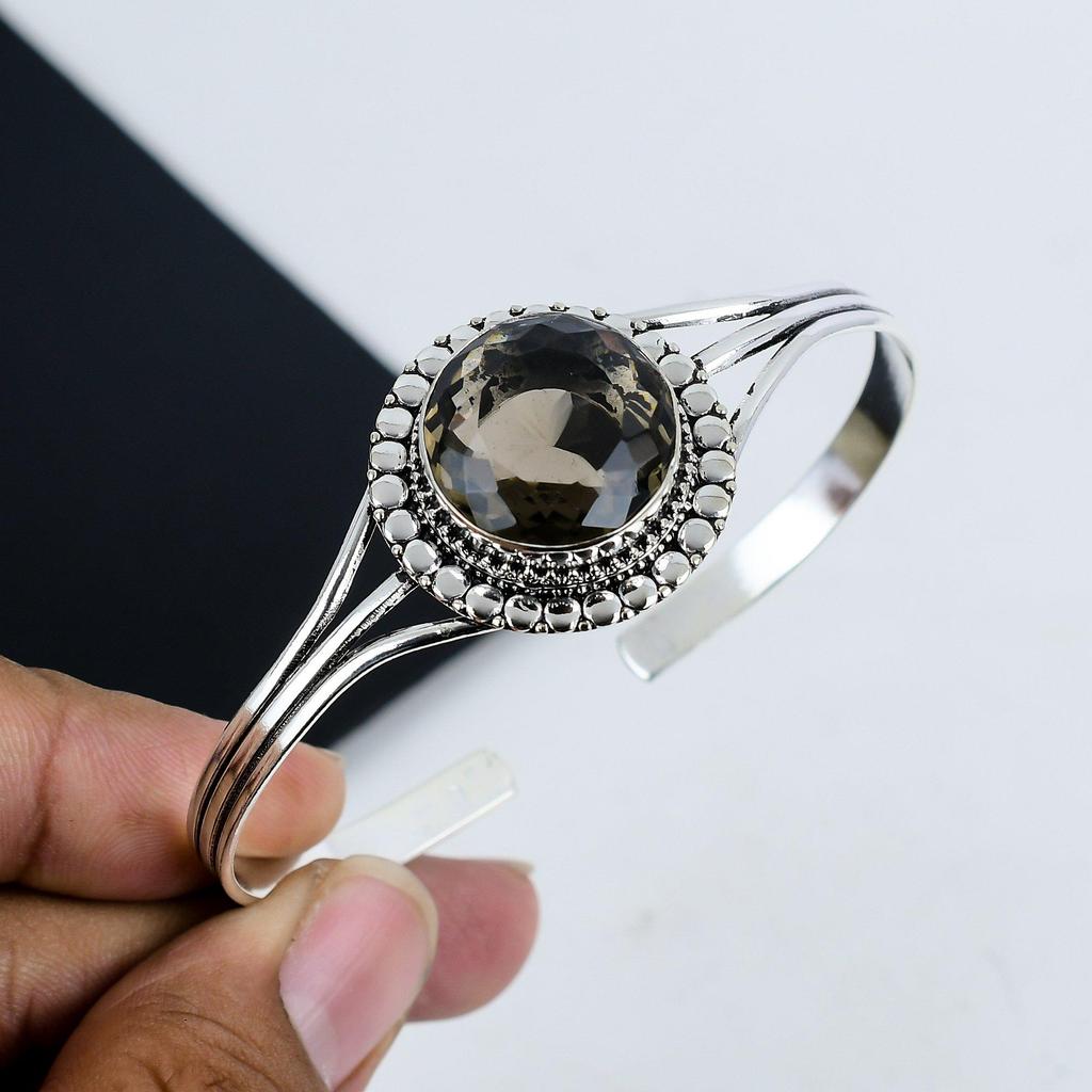 Smoky Topaz Gemstone Handmade Cuff Bangle 925 Sterling Silver Cuff Bangle, Smoky Topaz Cuff Bangle For Wife , Unisex Bangle, Gift For Her